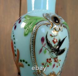 Antique Victorian French Blue Opaline Glass Enameled Hand Painted Vase