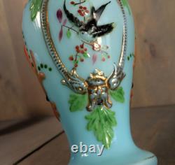 Antique Victorian French Blue Opaline Glass Enameled Hand Painted Vase