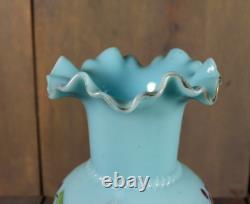 Antique Victorian French Blue Opaline Glass Enameled Hand Painted Vase