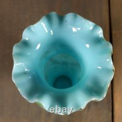 Antique Victorian French Blue Opaline Glass Enameled Hand Painted Vase