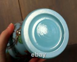 Antique Victorian French Blue Opaline Glass Enameled Hand Painted Vase