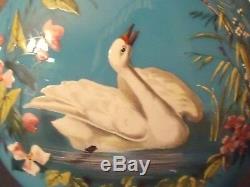 Antique Victorian French Blue Opaline Glass Vase With Enamel Painted Swan Scene