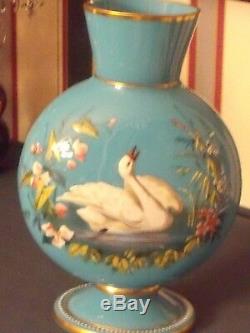 Antique Victorian French Blue Opaline Glass Vase With Enamel Painted Swan Scene
