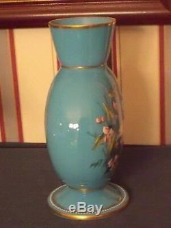 Antique Victorian French Blue Opaline Glass Vase With Enamel Painted Swan Scene