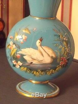 Antique Victorian French Blue Opaline Glass Vase With Enamel Painted Swan Scene