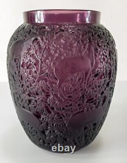 Antique Vintage French Purple Rene Lalique Molded Glass Vase with Deer