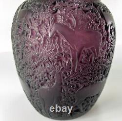 Antique Vintage French Purple Rene Lalique Molded Glass Vase with Deer