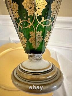 Antique /Vintage French Sevre Style Hand Painted Floral Green Glass Vase