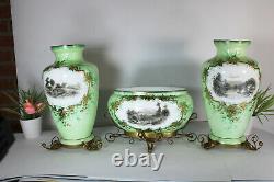 Antique art nouveau french opaline glass vases set landscape decors