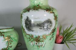 Antique art nouveau french opaline glass vases set landscape decors