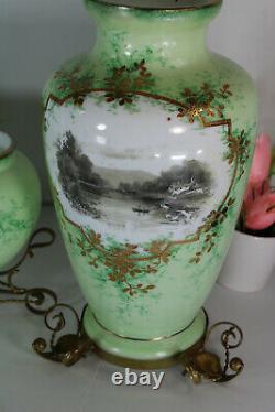 Antique art nouveau french opaline glass vases set landscape decors