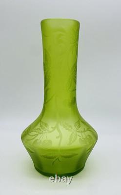 Antique c. 1880 French ACID ETCHED GREEN GLASS VASE WITH CHERRIES ETCHED