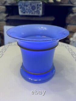 Antique french Blue opaline glass gilt Gold Rim vase