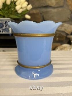 Antique french Blue opaline glass scalloped edge gilt Gold vase