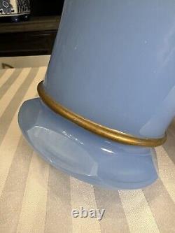 Antique french Blue opaline glass scalloped edge gilt Gold vase
