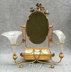 Antique french Napoleon III bronze table mirror 19th century glass vases jewelry