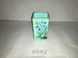 Antique french enamel painted opaque/opaline blue glass square bud vase 61/8