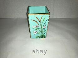 Antique french enamel painted opaque/opaline blue glass square bud vase 61/8