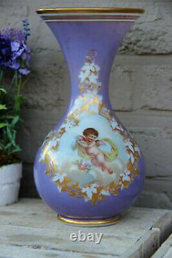 Antique french hand paint putti angel opaline purple glass vase rare 19thc