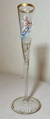 Antique handmade gold gilded enameled glass crystal cherub putti French bud vase