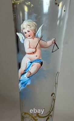 Antique handmade gold gilded enameled glass crystal cherub putti French bud vase