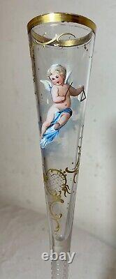 Antique handmade gold gilded enameled glass crystal cherub putti French bud vase