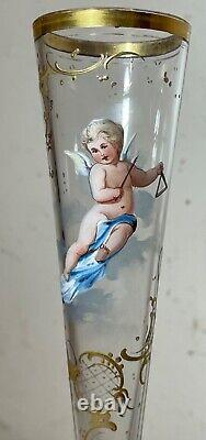 Antique handmade gold gilded enameled glass crystal cherub putti French bud vase