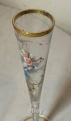 Antique handmade gold gilded enameled glass crystal cherub putti French bud vase