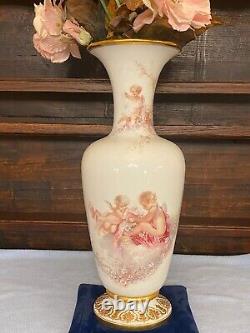 Antique tall French Opaline Glass Vase with cherubs or putti