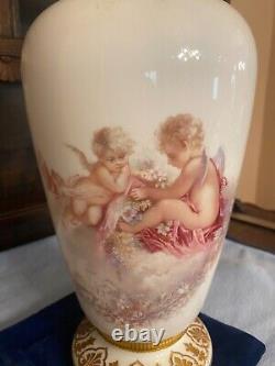 Antique tall French Opaline Glass Vase with cherubs or putti