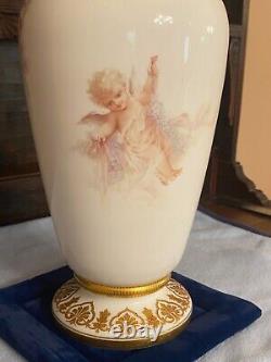 Antique tall French Opaline Glass Vase with cherubs or putti