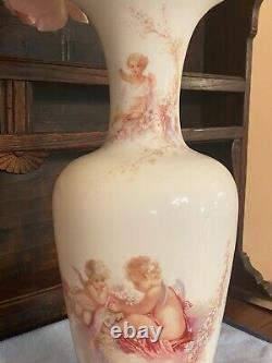 Antique tall French Opaline Glass Vase with cherubs or putti