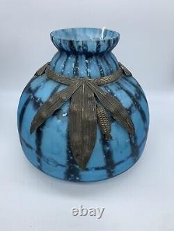 Art Deco Era French Blue Art Glass Vase with Pewter Corn Motif 1930's Schneider