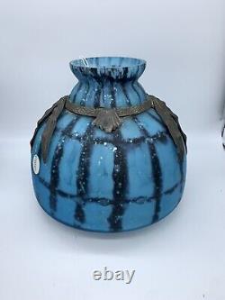 Art Deco Era French Blue Art Glass Vase with Pewter Corn Motif 1930's Schneider