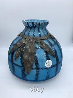 Art Deco Era French Blue Art Glass Vase with Pewter Corn Motif 1930's Schneider