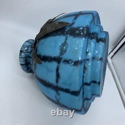 Art Deco Era French Blue Art Glass Vase with Pewter Corn Motif 1930's Schneider