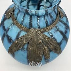 Art Deco Era French Blue Art Glass Vase with Pewter Corn Motif 1930's Schneider