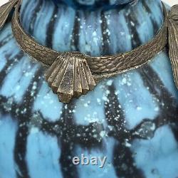 Art Deco Era French Blue Art Glass Vase with Pewter Corn Motif 1930's Schneider