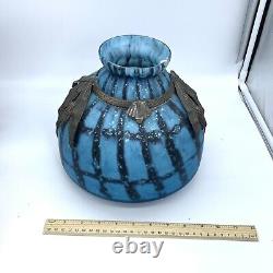 Art Deco Era French Blue Art Glass Vase with Pewter Corn Motif 1930's Schneider