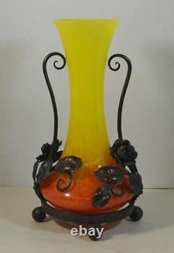 Art Deco Schneider-style French Glass Vase with Metal Mounts
