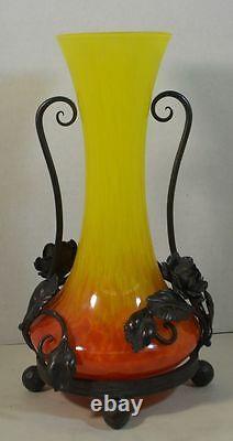 Art Deco Schneider-style French Glass Vase with Metal Mounts