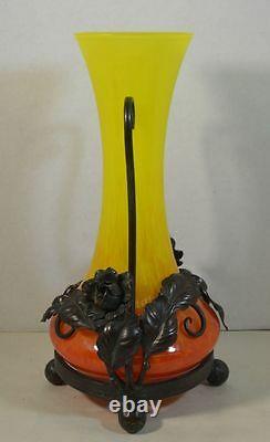Art Deco Schneider-style French Glass Vase with Metal Mounts