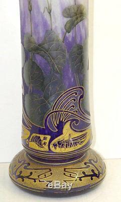 Art Nouveau Daum Nancy Grasshopper Iris Gilded Cameo Glass Vase French 22 Inch