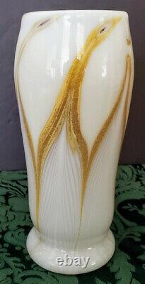 Art Nouveau Era French Hand Blown Opaline w-22K Gold Feathered Vase Fine