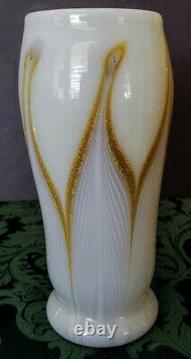Art Nouveau Era French Hand Blown Opaline w-22K Gold Feathered Vase Fine