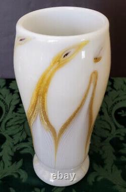 Art Nouveau Era French Hand Blown Opaline w-22K Gold Feathered Vase Fine