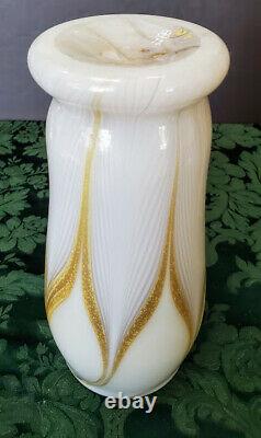 Art Nouveau Era French Hand Blown Opaline w-22K Gold Feathered Vase Fine