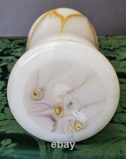 Art Nouveau Era French Hand Blown Opaline w-22K Gold Feathered Vase Fine