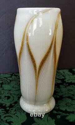 Art Nouveau Era French Hand Blown Opaline w-22K Gold Feathered Vase Fine