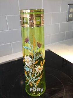 Art Nouveau French Antique Enameled Flowers Green Glass Vase Legras